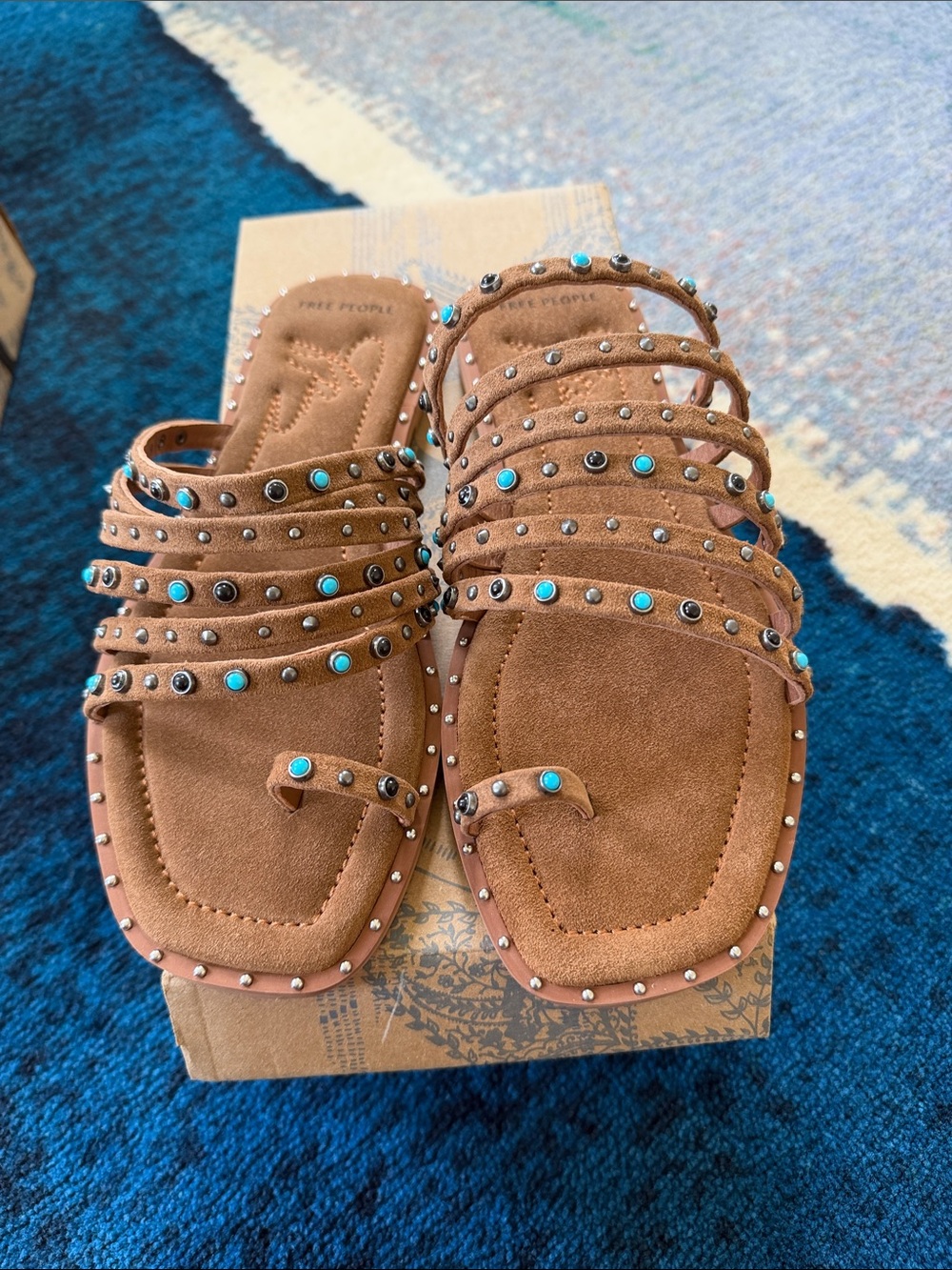 Free People Tan Suede Multi-Strap Studded Sandals with Turquoise Accents